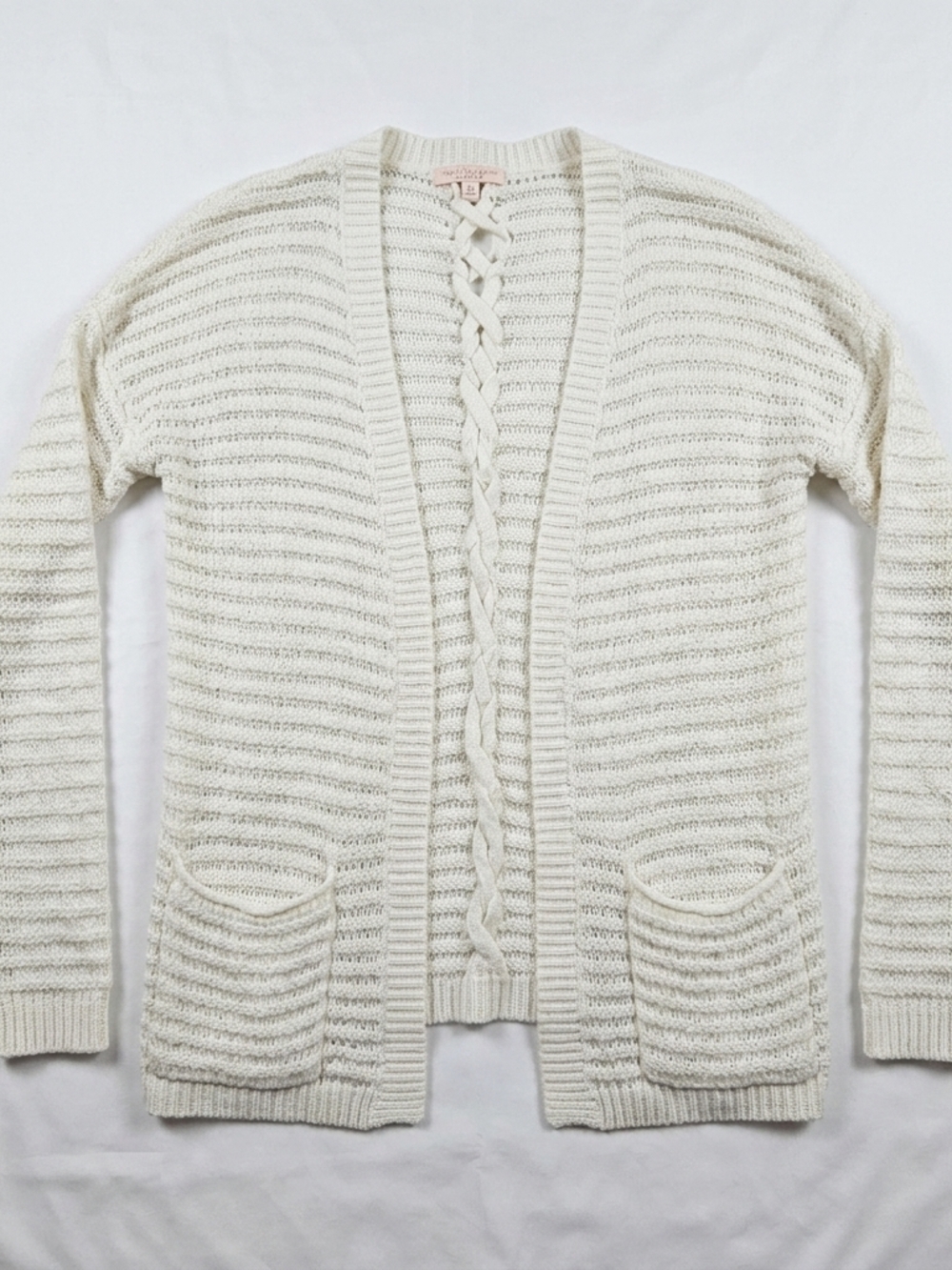 Pink Republic Cream Open-Front Cable-Trim Knit Cardigan Women's Medium #131